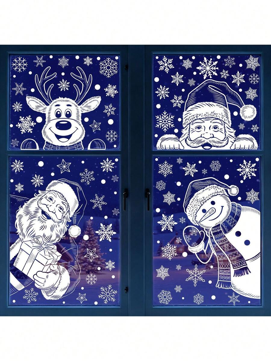 3 Designs Christmas Window Clings, Santa Claus Reindeer Snowman Snowflake Static Removable Window Stickers Decals For Xmas Party Home Glass Decor - View 1