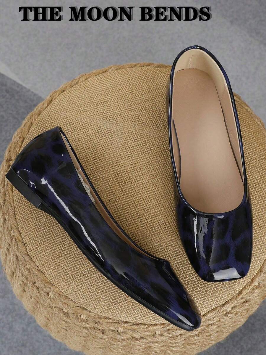 XBYASDF 2026新款女款皇家藍豹紋亮面方頭芭蕾舞鞋，套腳通勤鞋，舒適時尚辦公鞋 - 深藍色 - 查看 1