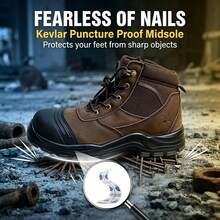 Men's Mid-Top Steel Toe Safety Work Shoes, Top Grain Suede Leather Protective Shoes, Side Zipper Design, Anti-Crush Industrial Work Boots - Brown - View 8