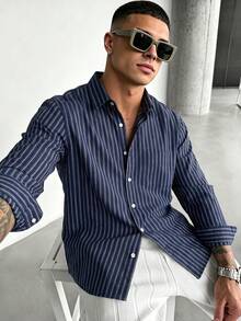 WAIT HIM Men's Casual Striped Long Sleeve Shirt, Polyester Blend - Navy Blue - View 4