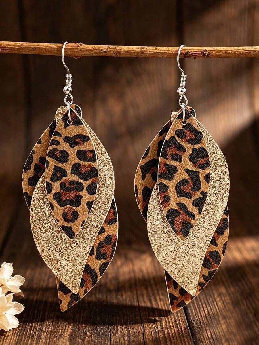 1 Pair New Vintage Leopard Print Layered Faux Leather Sequins Earrings - Leopard - View 1