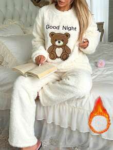 2pcs/Set Women's Cute Plush Long Sleeve Pajama Top + Straight Leg Pants Comfortable Casual Sleepwear Set - White - View 2