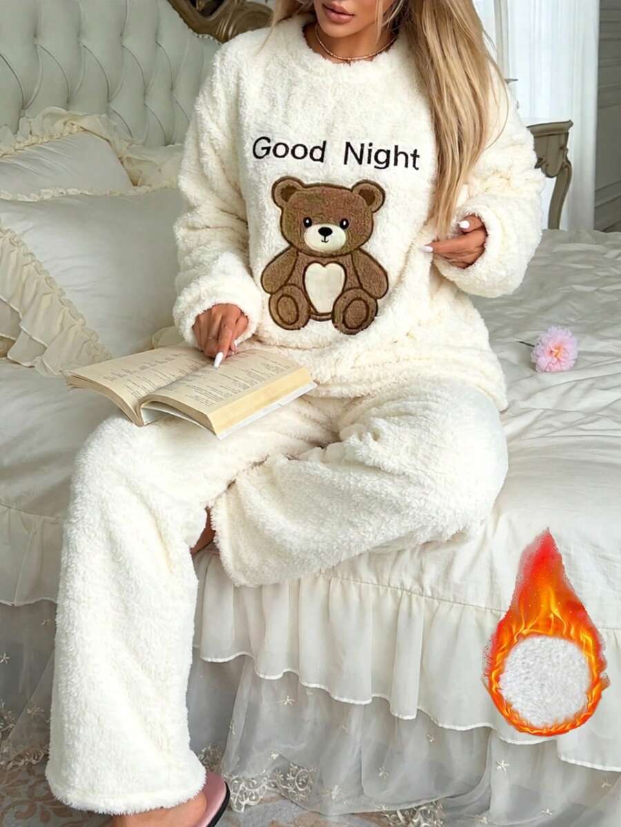 2pcs/Set Women's Cute Plush Long Sleeve Pajama Top + Straight Leg Pants Comfortable Casual Sleepwear Set
