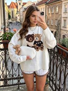 Women's Beige Cute Double‑Bear Jacquard Knit Sweater, Round Neck Loose Drop‑Shoulder Ribbed Long‑Sleeve Pullover, Fall Back‑To‑School Outfit, - White - View 6