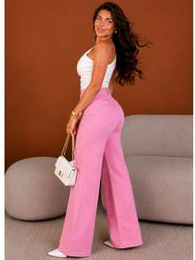 BNB WOMEN'S WIDE LEG JEANS PREMIUM HIGH-WAISTED FLARE PANTS - 泡泡糖粉紅 - 查看 4