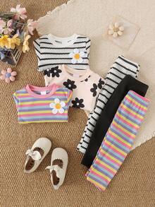 6pcs Baby Girl Spring/Autumn Set, 3D Flower Long Sleeve Top & Long Pants, Casual Home Base Layer, Multi-Color - Multicolor - View 3