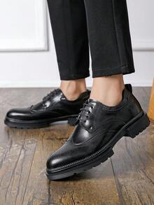 Men's New Round Toe Breathable British Style Thick Sole Height Increasing Lace-Up Casual Daily Work Business Leather Shoes - Black - View 8