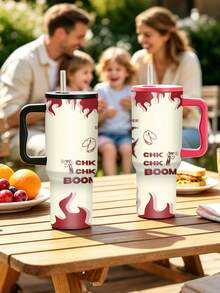 1pc/5pcs 40oz Red Flame CHK BOOM Letter Print Handle Travel Mug, Double-Wall Stainless Steel Large Capacity Cup, Street Style Pattern, Suitable For Office And Road Trips - Multi-color-flame - View 5