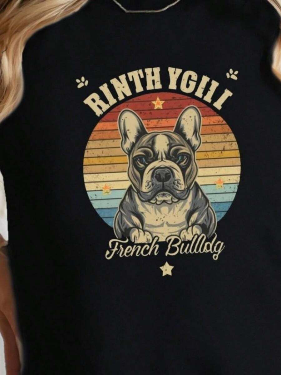 Cute Dog Print Crew Neck T-Shirt Casual Short SLeesve Top For Spring &Amp; Summer Wo Clothing - 黑色 - 查看 1