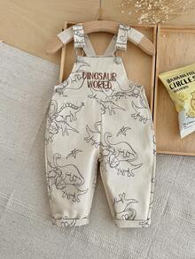 Baby Boy Casual Overalls, Dinosaur World Pattern Embroidered All-Over Print, Adjustable Shoulder Straps Infant Long Pants - Khaki - View 4