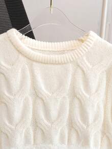 Girls' Sweet Solid Color 3D Cable Knit Patchwork Plush Round Neck Long Sleeve Sweater, Soft Casual Versatile Pullover For Daily Wear, School, Spring, Autumn, Winter - Apricot - View 3