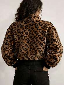 Vintage Leopard Print Teddy Fleece Cropped Jacket, Loose Waist-Barring Slimming Warm Streetwear Coat For Autumn/Winter - Brown - View 3