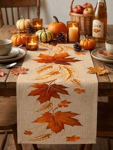 1pc Autumn Maple Leaf Table Runner, Wheat Ear & Autumn Leaf Plant Print Rustic Style Long Table Runner, Suitable For Thanksgiving Harvest Season Farmhouse Dining Table, Kitchen, Coffee Table, Family Gathering And Autumn Party Decor - Multicolor - View 6