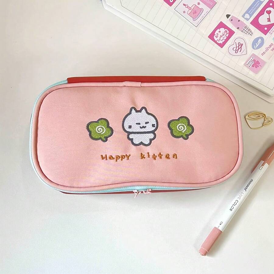 Japanese Style Fresh Cat Embroidery Pencil Case, Light Green And Soft Pink Dual Color Options, Cat And Clover Embroidery With Contrast Color, Soft And Healing. Large Capacity Multi-Compartment Design, Can Store Stationery, Cosmetics And Cards/Cameras, Dual Zipper Opening Convenient, Durable And Wear-Resistant Fabric, Suitable For Student Learning, Daily Makeup And More, Fresh And Practical Good Item. - Single Piece - View 1