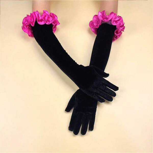 1 par de guantes de encaje con volantes de unicolor elegantes y largos de dedo completo, accesorio de disfraz formal para actuación en el escenario, adecuado para todas las estaciones
