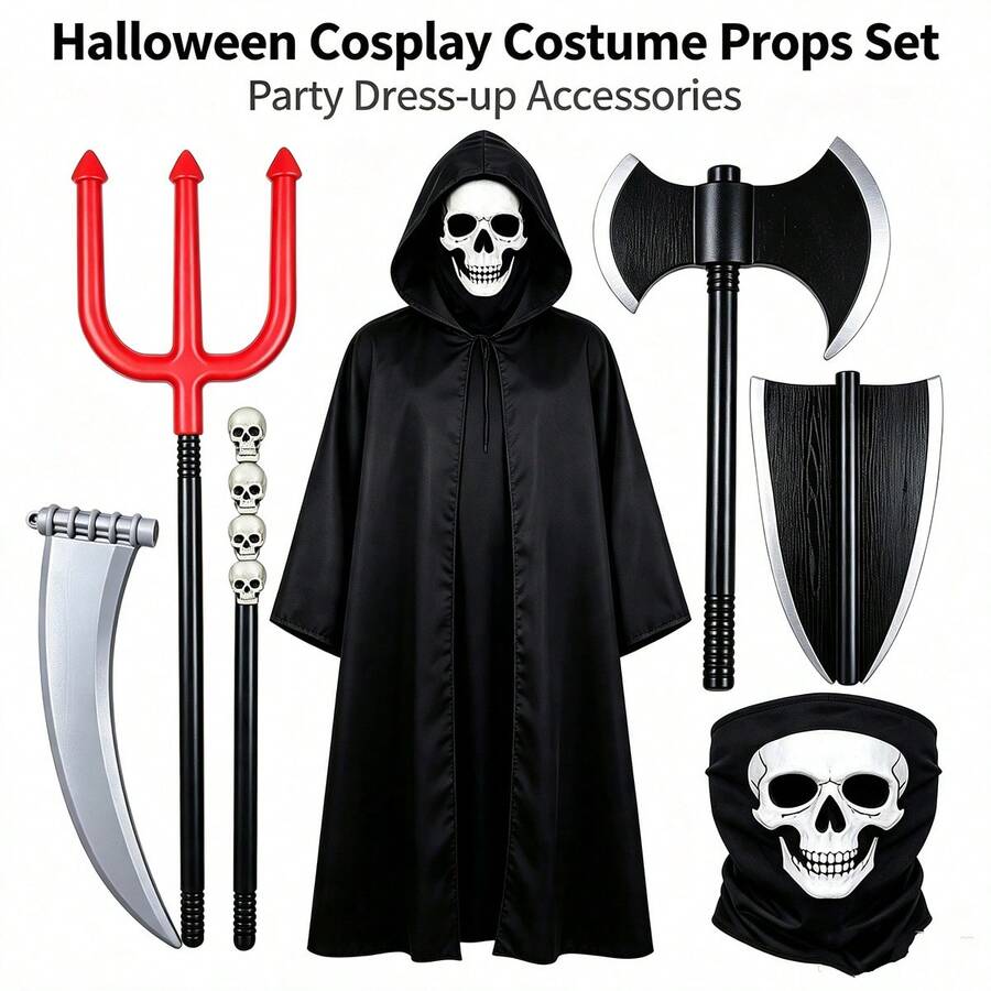 Adult Halloween Grim Reaper Costume Set, Black Hooded Cloak, Party Masquerade Role Play Decoration Props Set - Multicolor - View 1