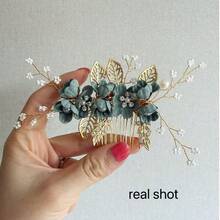 1pc Vintage Gold Wire Light Green Flower Faux Pearl Beaded Handmade Hair Comb Headpiece, Boho Bridal Headdress, Suitable For Weddings, Bridesmaids, Galas, Birthday Parties, Summer - Green - View 7