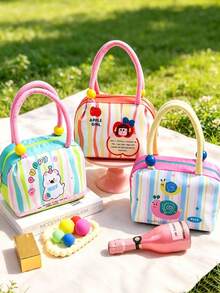 5/1pc Boxy Lunch Tote Handbag, Plush Handle With Color Bead, Bright Striped Pattern Zipper Multicolor Patchwork Bento Storage Bag For Back‑To‑School Office Picnic Travel Office Meal Carrying, Outdoor Picnic And Short Trip Travel - Multiple Colors and Styles - View 2
