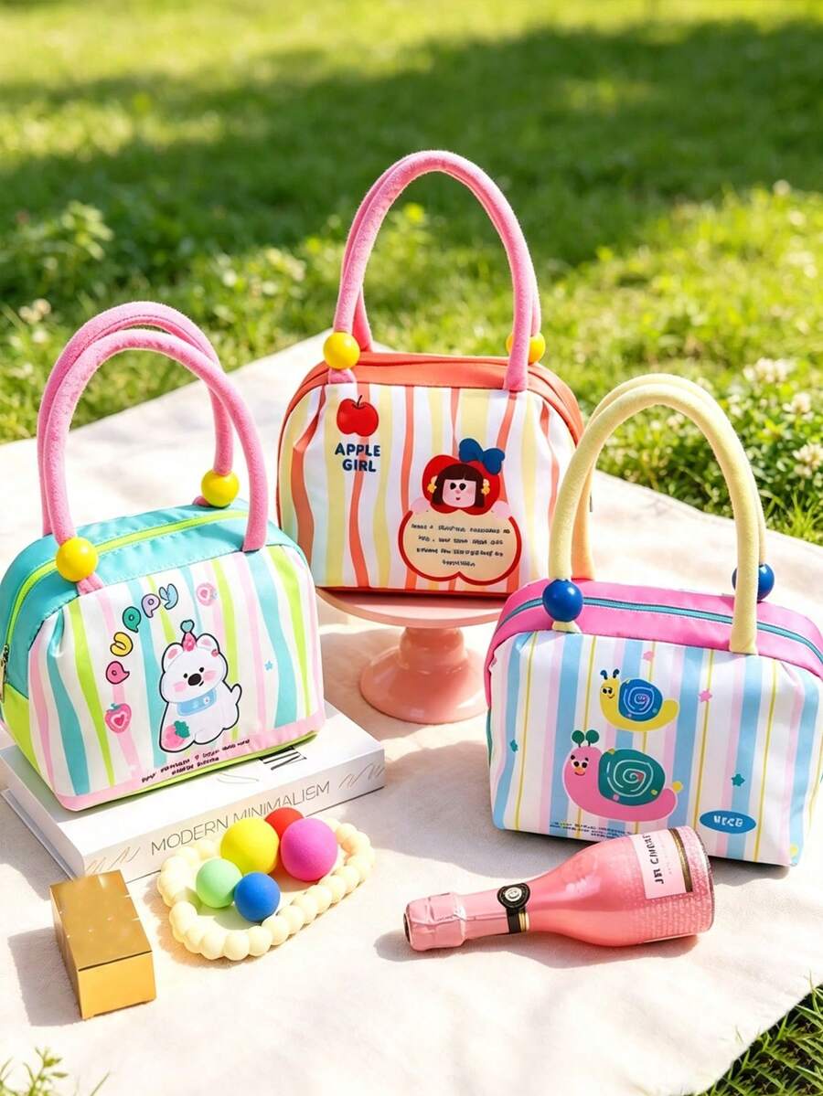 5/1pc Boxy Lunch Tote Handbag, Plush Handle With Color Bead, Bright Striped Pattern Zipper Multicolor Patchwork Bento Storage Bag For Back‑To‑School Office Picnic Travel Office Meal Carrying, Outdoor Picnic And Short Trip Travel