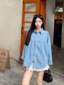 Korean Style Lazy Colorful Button Denim Shacket Women Early Autumn Niche Elegant Lapel Long Sleeve Top - Blue - View 4
