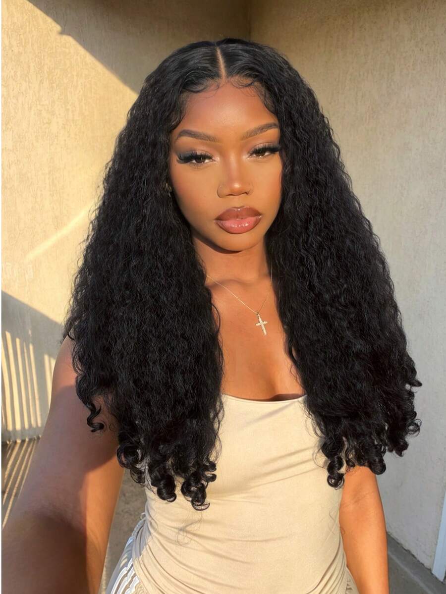 150% Density African Curly V-Part Partial Wig For Women, Voluminous Curly Hair, No Glue No Clip, Synthetic Black 16/24 Inch (#1B) - Black - View 1