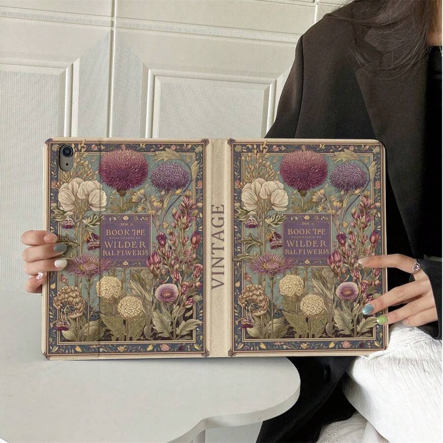 1件復古野花書本風平板保護殼，復古植物花卉藝術印花平板殼附筆槽，相容 iPad 10代 10.9吋 2022 智慧保護殼/Air 13(M3 2025)/11(A16 2025)/Galaxy Tab S10+/S9/A9，相容 Oppo Pad、 Matepad、Vivo Pad、Honor Pad、Xiaoxin Pad