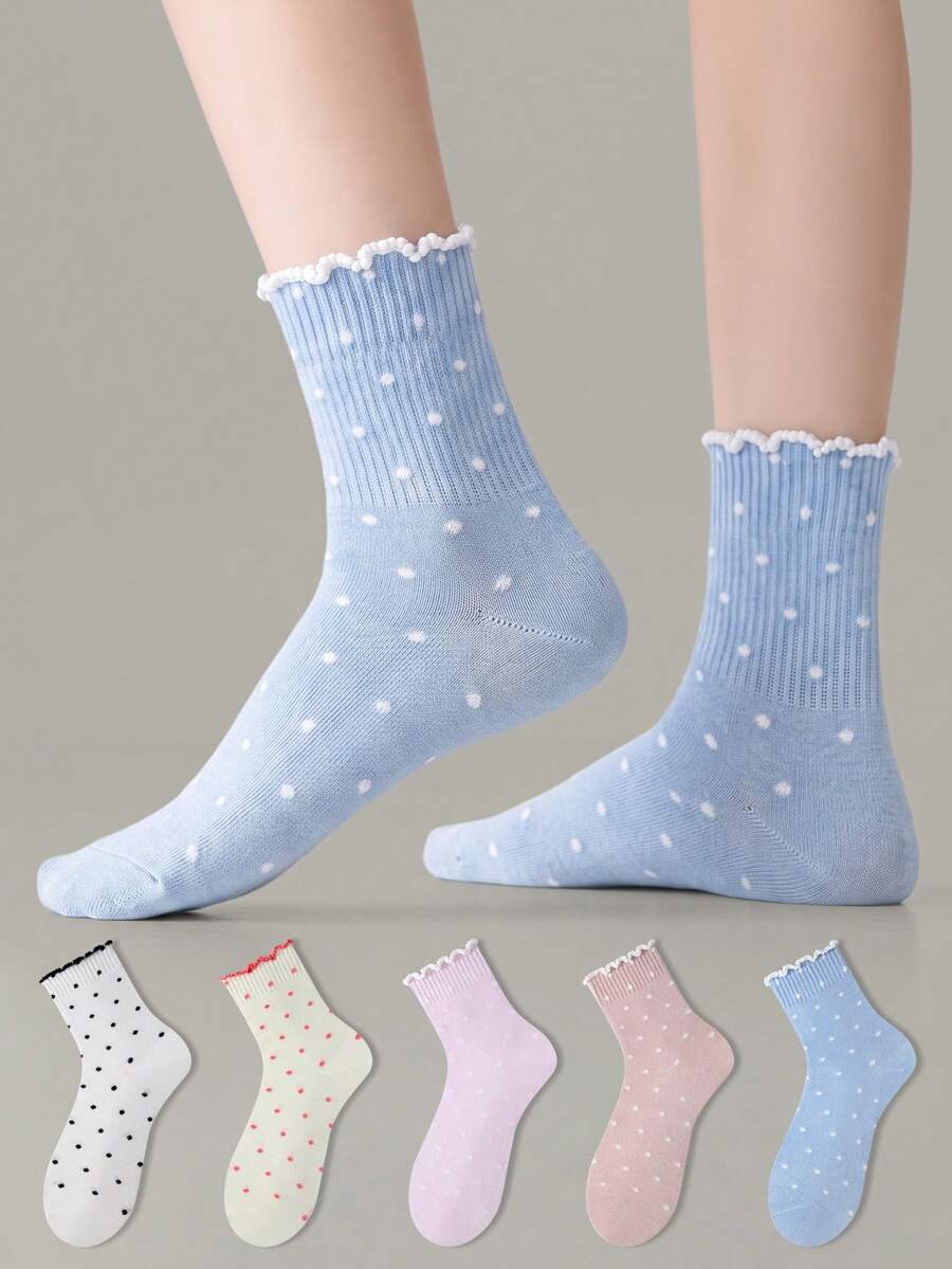 ZUJO 5 Pairs Women's Cherry Color Mid-Calf Socks, Polka Dot Pattern, Suitable For Daily Wear, Simple And Comfortable, Random Color - Multicolor - View 1