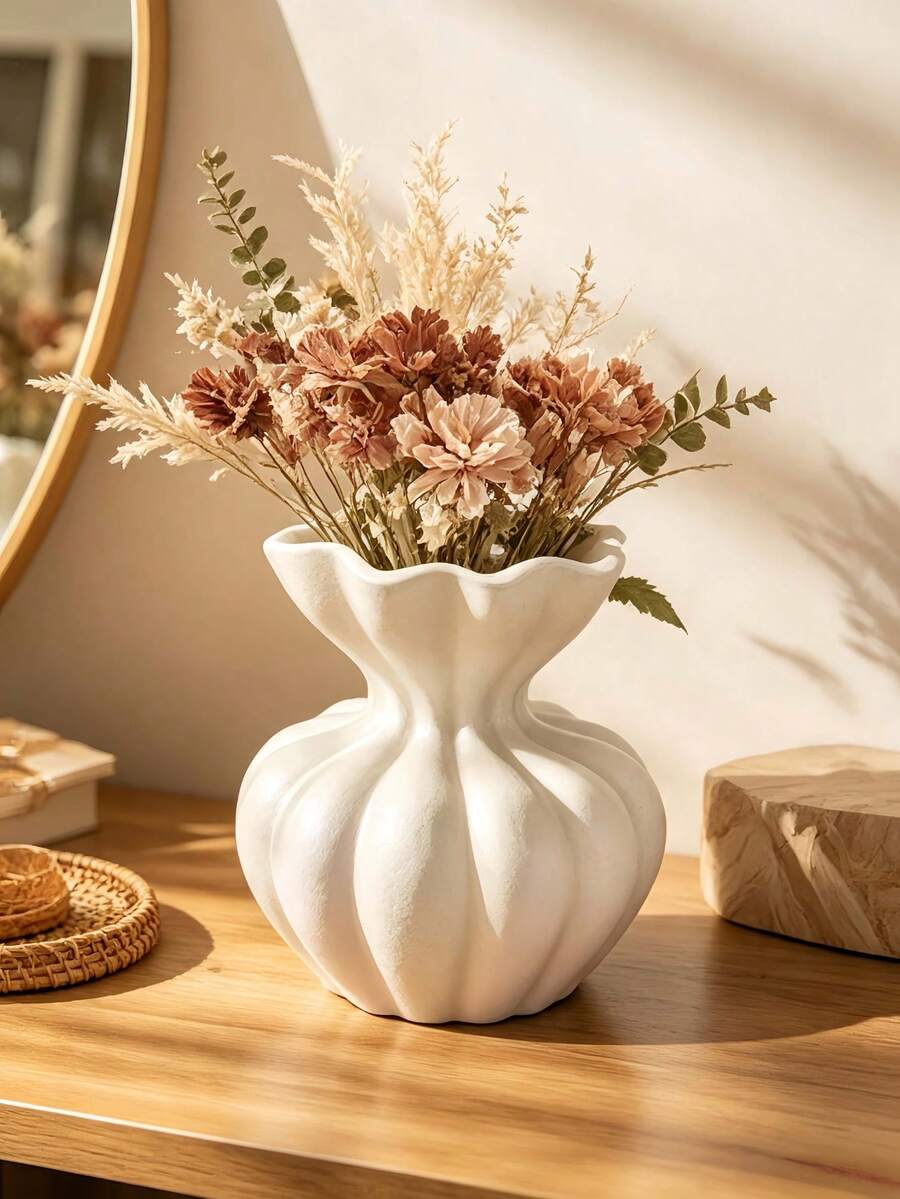 1pc Small White Ruffle Resin Vase, Modern Striped Pumpkin Shaped Dried Flower Holder, Bohemian Farmhouse Style Tabletop Decor, Suitable For Living Room, Bedroom, Entryway, Wedding Centerpiece And Housewarming Gift - Multiple Styles - View 1