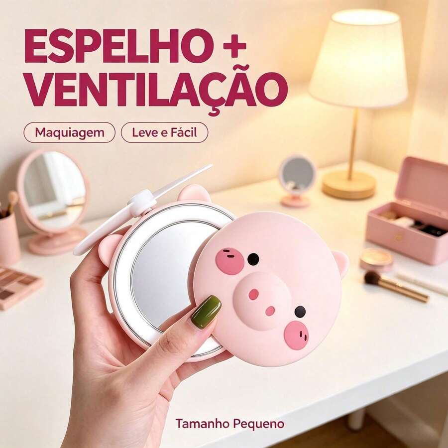 Mini Espelho Com Led E Ventilador Porquinho 3 Em 1 Maquiagem