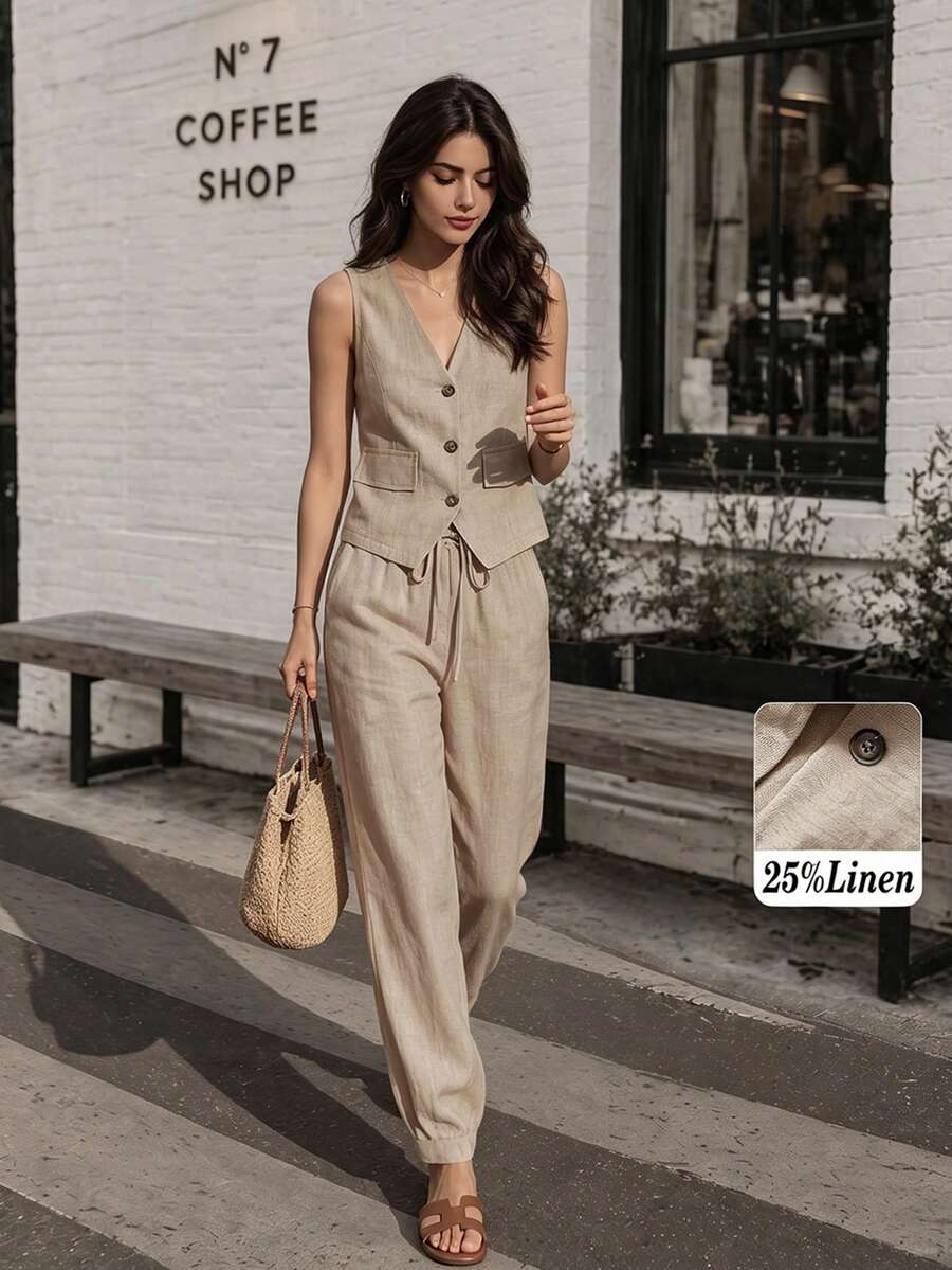 女款休閒亞麻西裝背心與抽繩腰哈倫褲套裝，春/夏/秋季 - 摩卡棕 - 查看 1