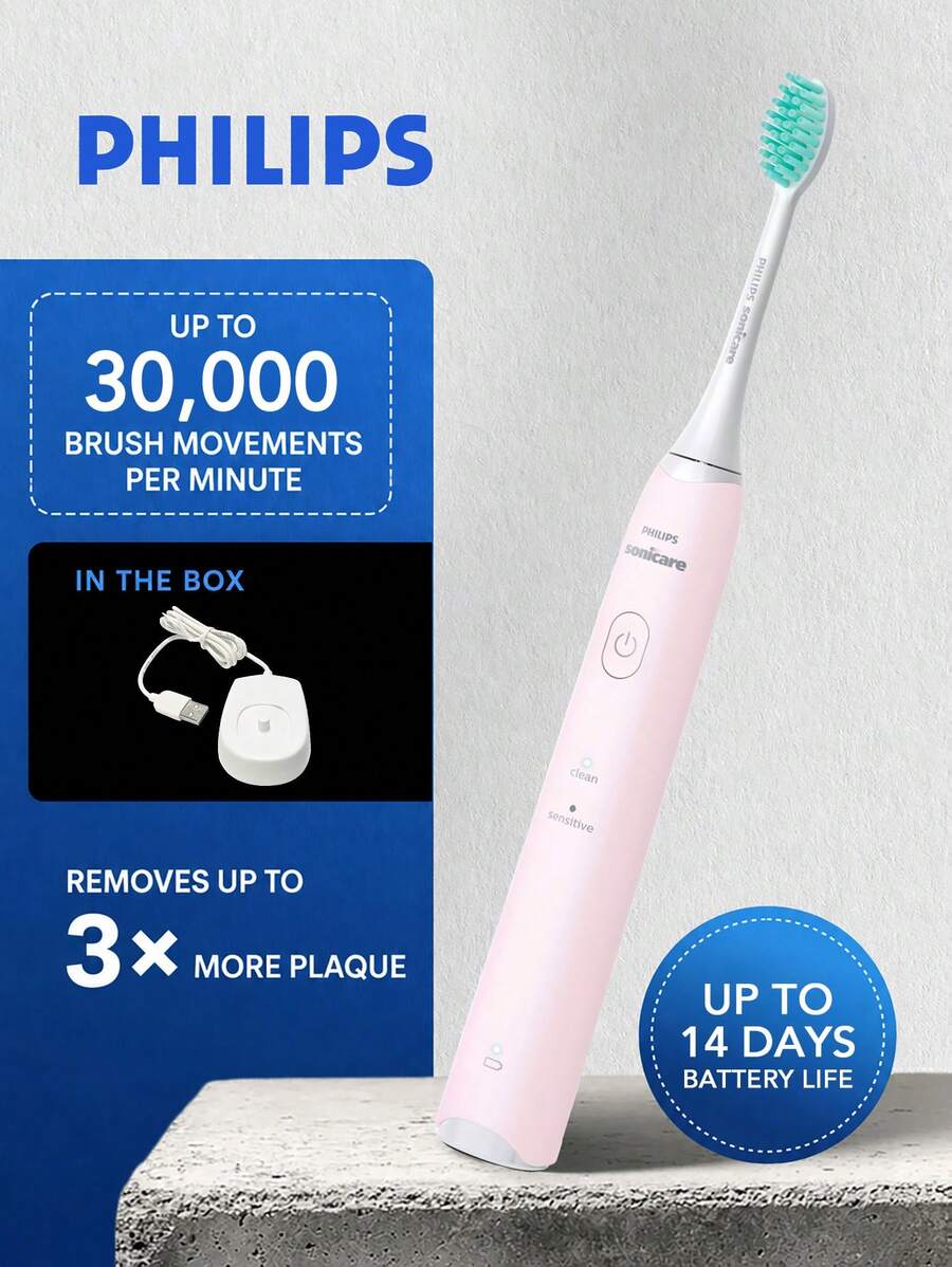 PHILIPS Sikat Gigi Elektrik Sonicare HX2421 Seri 2100 Isi Ulang untuk Dewasa, Mode Bersih dan Sensitif, 30.000 Gerakan Per Menit, Pengatur Waktu Cerdas, Basis Pengisian USB, Daya Tahan Baterai 14 Hari - MultiWarna - View 1