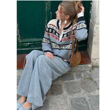 New Autumn/Winter Women's Casual Minimalist Elegant Snowflake Pattern Round Neck Knitted Cardigan Jacket - Multicolor - View 1