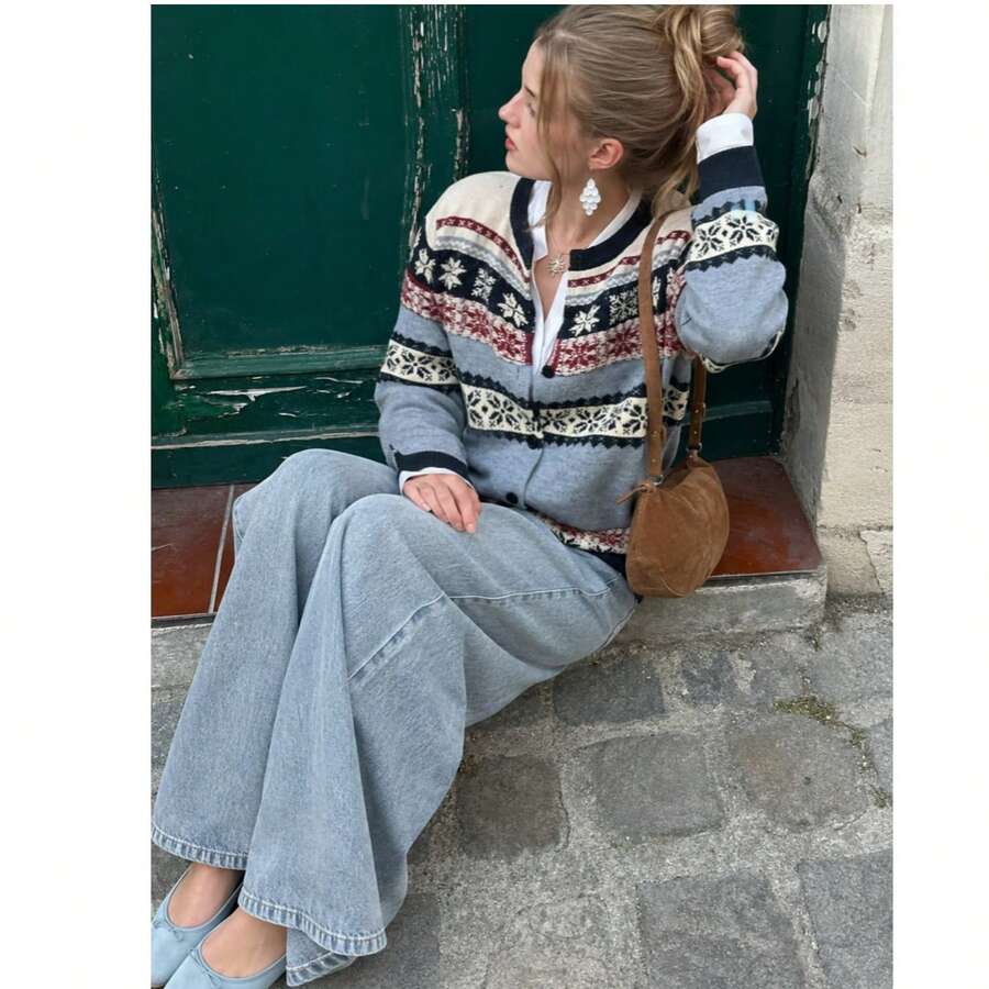 New Autumn/Winter Women's Casual Minimalist Elegant Snowflake Pattern Round Neck Knitted Cardigan Jacket - Multicolor - View 1