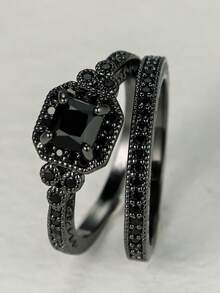1 Set Of 2 Fashionable Rings With Artificial Cubic Zirconia Inlay, Unique And Personal Black Tone Wedding Proposal, Engagement, And Wedding Rings Presents For Friends - Black - View 4