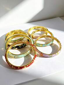 Fashionable Elegant Vintage Bohemian Vacation 2pcs/1pc New Chinese Enamel Craft Colorful Auspicious Cloud Flower Oil Drop Four-Leaf Clover Bracelet Inlaid With Rhinestone Flower Vine Spring Open Cuff Bracelet Gold Round Disc Elastic Plumeria Bracelet Personalized High-End Design Jewelry Suitable For Women All Seasons Beach Vacation Party Date Gift Daily Wear Versatile Bracelet (Random Shipment) - Multicolor - View 2