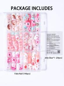144pcs Kuku Palsu Pendek Tempel untuk Anak Perempuan, Desain Pola Kartun Lucu Warna-warni, Set Ujung Kuku Akrilik Pra-Lem untuk Menutupi Seluruh Kuku, Cocok untuk Dekorasi Kuku Anak Perempuan - MultiWarna - View 4