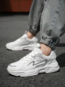 男士黑灰色网眼皮革拼接设计舒适跑步鞋，时尚休闲户外运动鞋 - 白色 - 查看 9