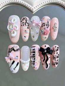 10pcs Cute Music Note Border Romantic Heart Ballet Style Black Ribbon Bow Metal Note Pink Tone Handmade Press-On Nails, Y2K Japanese Acrylic Long Oval Wearable Nail Set - Pink - View 1