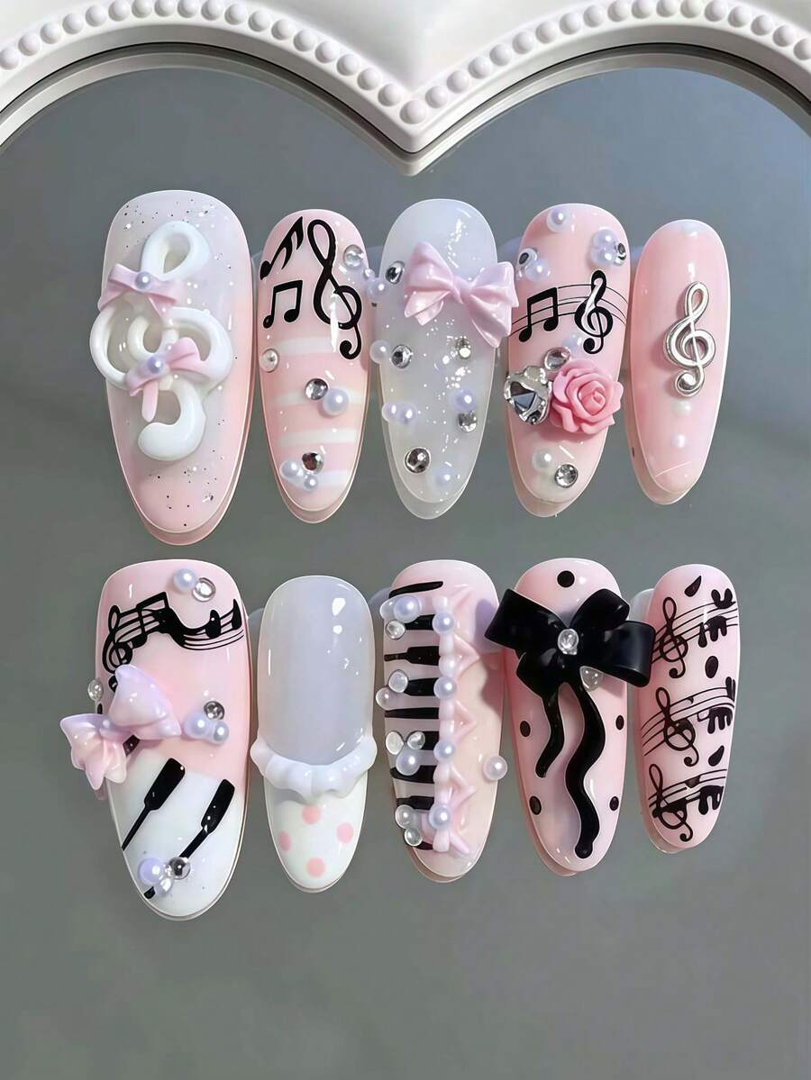 10pcs Cute Music Note Border Romantic Heart Ballet Style Black Ribbon Bow Metal Note Pink Tone Handmade Press-On Nails, Y2K Japanese Acrylic Long Oval Wearable Nail Set - Pink - View 1