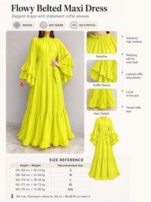 Women's Spring Summer Autumn Elegant Solid Color Long Sleeve Belted A-Line Romantic Casual Dress Yellow - Yellow - View 6
