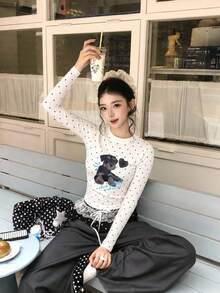 Japanese Cute Polka Dot Puppy Print T-Shirt For Women, Long Sleeve Round Neck Slim Fit Cropped Top, Autumn Inner Layer Round Neck Base Layer - White - View 2