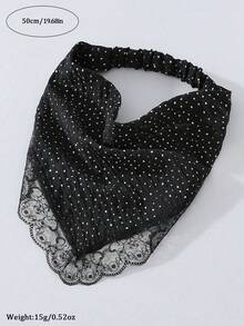 1件原創花卉圖案女款刺繡捲邊蕾絲飾邊波點頭巾髮帶，適合日常與度假使用 - 黑色 - 查看 4