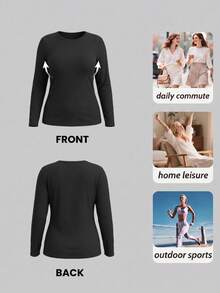 大尺碼女款無鋼圈內建胸墊 T-shirt，羅紋基本款長袖上衣，適合秋季疊穿與通勤 - 黑色 - 查看 7