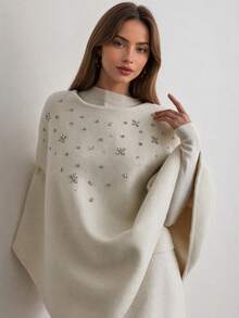 Vuslat Women's Autumn French Style Cream White Heavy Rhinestone & Beaded Cape Top, Scattered Floral Rhinestone & Beaded Design, Asymmetrical Triangular Hemline, Suitable For Evening Party, Wedding Guest, Holiday Party, Elegant Date, Light Business Commute, Streetwear - Apricot - View 2