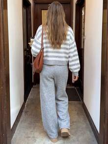Senya Casual Fashion Striped Crew Neck Single-Breasted Cardigan & Straight Leg Pants Set, Exquisite Urban Commute Knit 2 Pieces Matching Set Fall - Light Grey - View 7