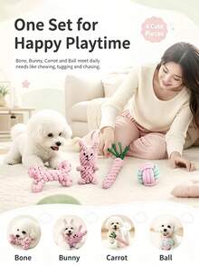 Pink Cotton Rope Dog Chew Toy Set, Durable Bite-Resistant Teething Toys, Interactive Knotted Rope Bone Rabbit Carrot Ball Toys, Suitable For Small And Medium Puppies Teeth Cleaning - Multicolor - View 6