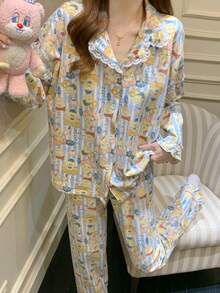 2pcs/Set Women's Pajamas Loungewear Set, Lapel Lace Patchwork Cute Pattern Print Cardigan Long Sleeve Pants, Easy Care Fabric - Multicolor - View 9
