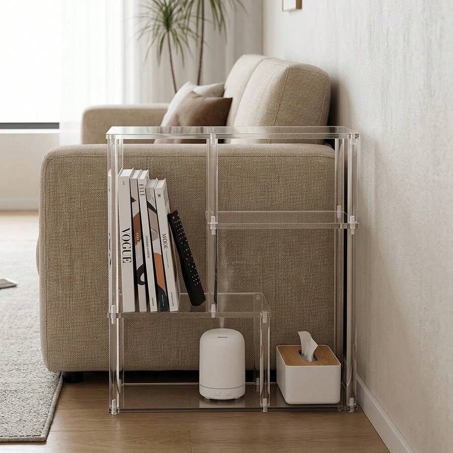 1PC Transparent Acrylic Bookshelf, 19.68x5.9x23.6 Inches, Multi-Layer Staggered Bookshelf And Asymmetrical Storage Rack, Modern Small Coffee Table, Suitable For Living Room, Bedroom, Sofa Side And Home Decor - Transparent - View 1