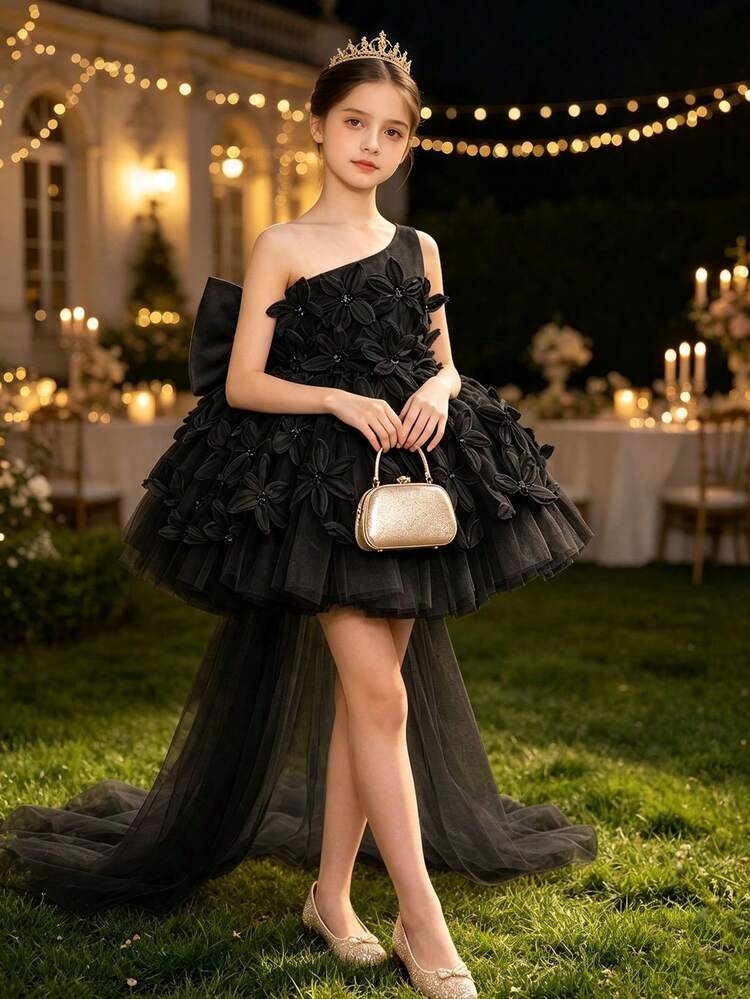 Girls' Elegant Big Bow Sequin Floral Applique One Shoulder Detachable Train Formal Dress, Princess Gown For Birthday Party, Wedding, Flower Girl, Party, Evening Gala, Stage Performance, Graduation Prom - Black - View 1