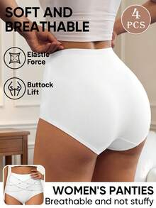 MEIYATING 4pcs/Pack Women's Mid-To-High Waist Cotton Panties, Tummy Control & Butt Lifting Triangle Briefs, Cross-Front Fitted - White - View 3
